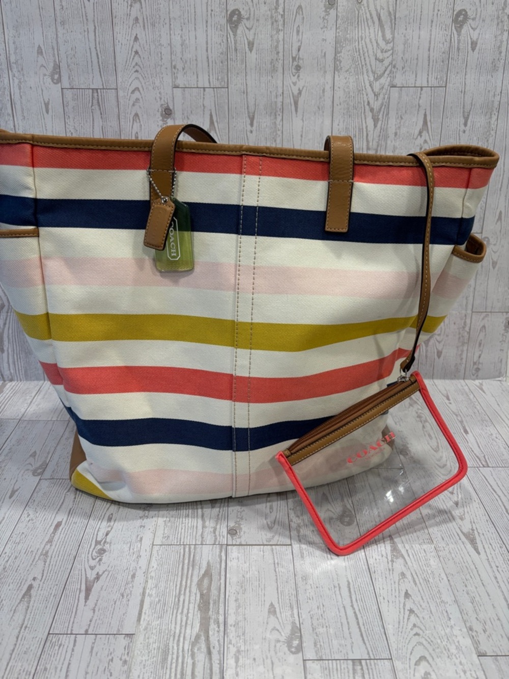 Coach Hadley Multicolor Striped Canvas Tote with Tan Trim